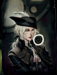 1girl ascot black_coat black_gloves blood blood_on_clothes bloodborne blue_eyes coat commentary commission flower gloves grey_hair hair_ribbon hat hat_feather highres holding holding_flower lady_maria_of_the_astral_clocktower parted_lips ponytail red_lips ribbon solo steadyknight tricorne upper_body white_ascot