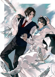 1boy 1girl absurdres bird black_hair black_pants black_vest blue_background blue_shirt border brown_hair collared_shirt couple dove eren_yeager feet_out_of_frame hair_between_eyes hat hetero highres holding_hands jacket jacket_on_shoulders long_skirt looking_at_another mikasa_ackerman necktie pants parted_lips red_necktie shingeki_no_kyojin shirt short_hair skirt smile suit_jacket vest waistcoat white_border white_hat white_jacket white_shirt white_skirt zhuse_fuxianqing