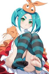 Rule 34 | 1girl, absurdres, aqua hair, aqua thighhighs, blue panties, closed mouth, dress, feet up, googly eyes, green eyes, harutoyumaarts, hat, highres, knees up, looking at viewer, monogatari (series), ononoki yotsugi, orange dress, orange hat, panties, pointy ears, simple background, solo, striped clothes, striped thighhighs, thick eyebrows, thighhighs, twintails, underwear, white background