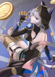 1girl absurdres animal_ears backless_outfit bare_back black_gloves blue_eyes breasts cat_ears cat_tail cipher_(honkai:_star_rail) coin fingerless_gloves gloves grey_hair highres holding holding_coin honkai:_star_rail honkai_(series) hood large_breasts looking_at_viewer short_hair smile solo tail thigh_strap thighhighs thighs yonemasakouta