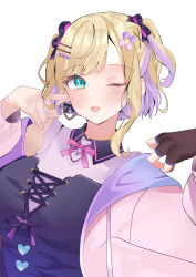 1girl absurdres aqua_eyes asymmetrical_sidelocks blonde_hair bow colored_inner_hair curled_fingers earrings fingerless_gloves gloves hair_bow hair_ornament hairpin highres jacket jewelry kurumi_noah kurumi_noah_(3rd_costume) multicolored_hair multiple_hairpins nakano_kura neck_ribbon one_eye_closed parted_bangs pink_jacket purple_hair ribbon shirt simple_background single_bare_shoulder single_glove sleeveless sleeveless_shirt solo swimsuit tongue tongue_out two_side_up upper_body virtual_youtuber vspo! white_background