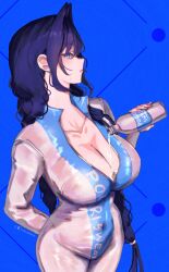 1girl absurdres black_hair blue_eyes bodysuit bottle breasts cleavage covered_navel erasorpepero hair_intakes highres holding holding_bottle hololive hololive_english large_breasts long_hair ouro_kronii partially_unzipped pocari_sweat pouring pouring_onto_self solo virtual_youtuber water water_bottle white_bodysuit