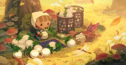 1girl animal_crossing autumn autumn_leaves basket boar bug commentary daisy_mae_(animal_crossing) dragonfly food from_above fruit furry furry_female ginkgo_leaf grass headscarf highres insect leaf moss mushroom nintendo on_grass outdoors persimmon rock saino_misaki sitting snot solo symbol-only_commentary tree turnip white_headscarf