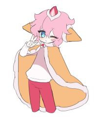 1other androgynous blue_eyes cape cookie_run cookie_run:_kingdom crk_gyul food fruit fur-trimmed_cape fur_trim highres humanization long_sleeves looking_at_viewer open_mouth other_focus pink_hair short_hair simple_background smile solo strawberry strawberry_crepe_cookie v white_background