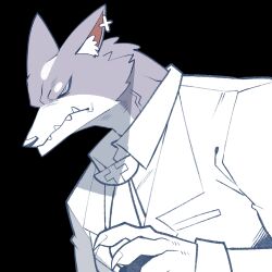 animal_ear_fluff black_background cocomayo29_(tomato) furry hololive long_sleeves looking_ahead miofa_(ookami_mio) no_humans sharp_teeth shirt simple_background teeth upper_body white_shirt