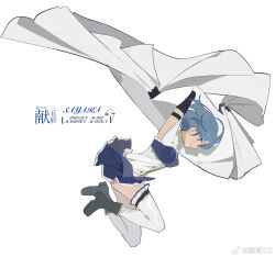 1girl arms_up bare_shoulders belt black_belt black_boots black_gloves blue_eyes blue_hair blue_shirt blue_skirt boots breasts buttons cape cape_hold character_name closed_mouth clothes_lift collared_cape copyright_name diamond_button elbow_gloves floating_cape frilled_shirt frilled_thighhighs frills from_side full_body gloves happy high_heel_boots high_heels highres light_blush magical_girl mahou_shoujo_madoka_magica mahou_shoujo_madoka_magica_(anime) medium_breasts miki_sayaka miki_sayaka_(magical_girl) miniskirt ouge_dz pleated_skirt shirt short_hair simple_background skirt skirt_lift smile solo strapless strapless_shirt thigh_belt thigh_strap thighhighs two-tone_shirt white_background white_cape white_shirt white_thighhighs
