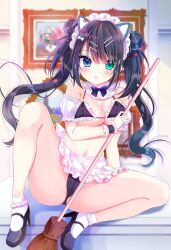 1girl animal_ears bare_shoulders bikini black_hair black_panties blue_eyes blush bow bowtie breasts broom cat_ears cleavage closed_mouth collar detached_collar frilled_bikini frilled_skirt frills green_eyes hair_between_eyes hair_ornament hairclip high_heels highres holding holding_broom large_breasts long_hair looking_at_viewer maid maid_bikini maid_headdress medium_breasts mole mole_under_eye navel original panties pink_skirt pleated_skirt shiwasu_horio skirt smile socks solo stomach swimsuit tongue twintails unconventional_maid underwear very_long_hair wrist_cuffs