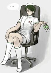 1boy boots chair closed_mouth crossed_legs dongrang_(project_moon) dress flaw_eight full_body hat holding holding_syringe limbus_company male_focus miitopia nurse nurse_cap office_chair project_moon short_sleeves simple_background sitting solo swivel_chair syringe white_background white_boots white_dress