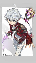 1girl ahoge alisaie_leveilleur armor artist_name belt blue_eyes boots border chest_belt cropped_jacket earclip elezen elf eyes_visible_through_hair feet_out_of_frame final_fantasy final_fantasy_xiv fingerless_gloves floating floating_object floating_weapon gloves grey_border hair_between_eyes hair_ribbon highres holding holding_sword holding_weapon jacket long_hair looking_at_viewer mogayama multiple_belts open_clothes open_jacket outside_border pauldrons pointy_ears ponytail red_gloves red_jacket red_mage_(final_fantasy) ribbon romper shoulder_armor simple_background single_pauldron smile solo spread_fingers sword thigh_boots twitter_username weapon white_background white_boots white_hair white_romper