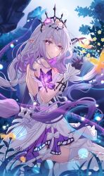 1girl absurdres black_tiara breasts bug butterfly castorice_(honkai:_star_rail) commentary_request dress flower from_side gloves hair_flower hair_ornament highres honkai:_star_rail honkai_(series) insect large_breasts looking_at_viewer minausa pointy_ears purple_eyes purple_gloves purple_hair revision sitting solo thighhighs thighs tiara wariza white_dress white_thighhighs