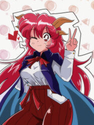 1990s_(style) 1girl absurdres blue_cape bow bowtie cape commission cowboy_shot curvy hakama hakama_pants hand_on_own_hip heart high-waist_pants highres horns japanese_clothes long_hair miwijag1997 one_eye_closed pants parody pleated_pants red_bow red_bowtie red_eyes red_hair red_pants red_ribbon retro_artstyle ribbon shingyoku_(female) shingyoku_(touhou) shirt side_slit smile solo style_parody touhou touhou_(pc-98) v white_shirt
