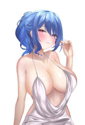 1girl absurdres azur_lane bare_shoulders blue_hair blue_nails blush breasts dress evening_gown hand_up highres jewelry large_breasts looking_at_viewer nail_polish necklace parted_lips plunging_neckline ponytail purple_eyes raurashun silver_dress simple_background solo spaghetti_strap st._louis_(azur_lane) st._louis_(luxurious_wheels)_(azur_lane) strap_gap upper_body wavy_hair white_background