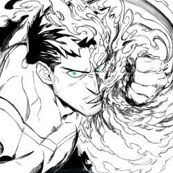1boy beard_stubble blue_eyes boku_no_hero_academia clenched_teeth endeavor_(boku_no_hero_academia) facial_hair fire greyscale highres incoming_attack incoming_punch male_focus mature_male monochrome mustache_stubble punching pyrokinesis sanpaku sashimi_oran serious short_hair sideburns sideburns_stubble solo spiked_hair spot_color stubble teeth tsurime upper_body