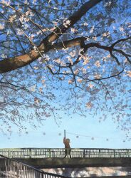 1girl absurdres arm_up blue_sky bridge cherry_blossoms day highres medium_hair narihayao original outdoors pedestrian_bridge railing sky solo standing string_of_light_bulbs tree wide_shot