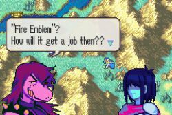 1girl 1other antenna_hair blue_hair blue_skin colored_skin colored_teeth copyright_name deltarune dialogue_box expressionless fake_screenshot fire_emblem fire_emblem:_the_binding_blade freckles glaceo grin half-closed_eyes kris_(dark_world)_(deltarune) kris_(deltarune) long_hair meme nintendo outdoors parody pink_scarf pink_skin pixel_art pun purple_hair reptile_girl scarf short_hair smile speech_bubble style_parody susie_(dark_world)_(deltarune) susie_(deltarune) v-shaped_eyebrows yellow_teeth