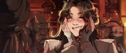 1girl black_skin blurry blurry_background blush bright_pupils brown_hair brown_shirt chinese_clothes city closed_eyes colored_skin commentary demon demon_horns derivative_work english_commentary eyes_of_nine hands_on_own_cheeks hands_on_own_face hands_up highres horns layered_sleeves long_hair open_mouth parted_bangs people portrait red_background red_eyes screenshot_redraw shi_qingxuan shirt smile solo teeth tianguan_cifu