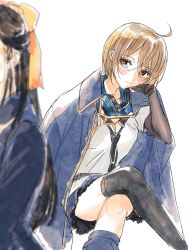 Rule 34 | 2girls, ahoge, assault lily, asymmetrical legwear, black gloves, black hair, black necktie, black thighhighs, blue cloak, blue jacket, blue skirt, blurry, blurry foreground, blush, bow, brown eyes, brown hair, cloak, closed mouth, collared shirt, commentary request, crossed bangs, crossed legs, elbow gloves, feet out of frame, fingerless gloves, gloves, hair between eyes, hair bow, hand on own cheek, hand on own face, hand up, headphones, headphones around neck, highres, invisible chair, jacket, kawamura yuzuriha, leg warmers, long hair, long sleeves, looking at another, loose necktie, miniskirt, mismatched legwear, multiple girls, necktie, odaiba girls high school uniform, orange bow, school uniform, shakeza, shirt, short hair, short sleeves, simple background, single leg warmer, single thighhigh, sitting, skirt, solo focus, thighhighs, tsukioka momiji, white background