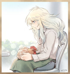 1boy alternate_costume animal animal_on_lap apron bird bird_on_lap blonde_hair blue_eyes blue_hair bush chicken collared_shirt expressionless from_side gradient_hair green_apron long_hair long_sleeves male_focus mizuhara_aki mole mole_under_eye multicolored_hair on_chair on_lap petting pisces_aphrodite profile saint_seiya shirt sitting solo table trap two-tone_hair waist_apron white_shirt
