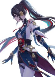 1girl absurdres alternate_hair_length alternate_hairstyle black_hair blunt_sidelocks bright_pupils chinese_clothes commentary_request cowboy_shot expressionless from_side green_hair high_ponytail highres honkai:_star_rail honkai_(series) long_hair mask michiko_(ui29) multicolored_hair off-shoulder_shirt off_shoulder oni_mask ponytail red_eyes red_hair red_mask shirt simple_background solo streaked_hair very_long_hair white_background white_pupils white_shirt xueyi_(honkai:_star_rail)