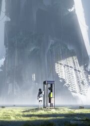 1other artist_name asteroid_ill black_hair building grass highres jacket original other_focus outdoors overgrown pants phone_booth post-apocalypse ruins scenery short_hair solo standing television white_jacket white_pants