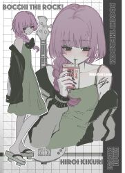 1girl :| alcohol alcohol_carton black_bow black_eyes blunt_bangs blush bocchi_the_rock! bow braid character_name closed_mouth collarbone copyright_name cropped_torso crossed_legs dress drink drinking drinking_straw drinking_straw_in_mouth expressionless full_body geta green_dress grid_background hair_bow hair_over_shoulder highres hiroi_kikuri holding holding_carton holding_drink jacket long_hair looking_at_viewer looking_back monochrome_background multiple_views open_clothes open_jacket purple_hair sake signature single_braid single_off_shoulder spaghetti_strap three9moon unzipped
