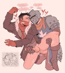 2boys anal armor bandana bandana_over_mouth beard black_hair blue_tabard blush boots brown_coat brown_eyes brown_footwear brown_gloves brown_pants brown_shirt chibi chibi_inset closed_eyes clothed_sex coat colored_speech_bubble commentary couple crusader_(darkest_dungeon) cum curled_fingers darkest_dungeon ejaculation english_commentary erection facial_hair fur-trimmed_coat fur_trim gloves heart helm helmet highres highwayman_(darkest_dungeon) holding_hands kiss lapels layered_clothes leg_hair leg_lift long_sleeves looking_down male_focus male_penetrated male_pubic_hair motion_lines multiple_boys orange_scarf pants pauldrons penis pubic_hair red_bandana red_gloves scarf sex sex_from_behind shirt short_hair shoulder_armor simple_background sleeve_cuffs speech_bubble standing standing_on_one_leg sweat sweatdrop tabard testicles unwise_boop white_background white_fur yaoi