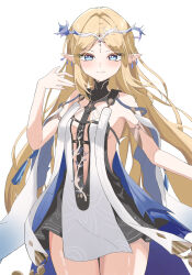 1girl absurdres bare_shoulders black_collar black_dress blonde_hair blue_eyes breasts cartethyia_(wuthering_waves) closed_mouth collar commentary cowboy_shot crown_of_thorns dress earrings hand_up highres jewelry long_hair looking_at_viewer necklace pointy_ears sidelocks small_breasts smile solo tabard tacet_mark_(wuthering_waves) thighs u_kome very_long_hair white_tabard wuthering_waves
