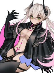Rule 34 | 1girl, black hands, black jacket, black panties, boots, breasts, colored extremities, fate/grand order, fate (series), green eyes, hand up, horns, jacket, lilith (fate), lilith (second ascension) (fate), long hair, looking at viewer, navel, panties, penpenpi, pointy ears, shirt, sitting, solo, thigh boots, twintails, underwear, white background, white shirt
