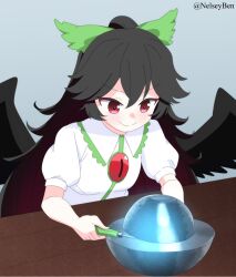 Rule 34 | 1girl, black hair, black wings, bnelsey, bow, breasts, closed mouth, collared shirt, commentary, demon core, frilled shirt collar, frills, green bow, hair bow, happy, highres, long hair, medium breasts, ponytail, puffy short sleeves, puffy sleeves, red eyes, reiuji utsuho, screwdriver, shirt, short sleeves, smile, solo, table, third eye on chest, touhou, upper body, very long hair, white shirt, wings