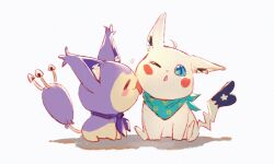 Rule 34 | = =, ahoge, animal ear fluff, animalization, aqua neckerchief, blue eyes, blush stickers, commentary request, gen 1 pokemon, gen 3 pokemon, highres, hololive, hyde (tabakko), licking, licking another&#039;s face, neckerchief, nekomata okayu, nintendo, no humans, one eye closed, open mouth, pikachu, pokemon, pokemon (creature), pokemon focus, shirakami fubuki, simple background, sitting, skitty, virtual youtuber, white background