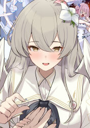 1boy 2girls blonde_hair blue_archive breasts commentary_request dress flower hair_between_eyes hair_bun hair_flower hair_ornament halo hand_grab heart heart_in_eye highres holding holding_jewelry holding_ring jewelry long_hair looking_at_viewer marriage_proposal medium_breasts mi_taro333 mika_(blue_archive) multiple_girls nagisa_(blue_archive) open_mouth ornate_ring pink_hair pov pov_hands putting_on_jewelry ring symbol_in_eye wedding_ring white_dress white_wings wings yellow_eyes