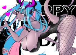 1girl absurdres artist_request ass black_leotard blush breasts cleavage colored_skin fate/grand_order fate_(series) fishnet_thighhighs fishnets hand_on_knee hanging_breasts highres horns huge_breasts ibuki_douji_(fate) large_breasts leotard long_hair multicolored_hair multicolored_horns oni playboy_bunny ponytail purple_skin simple_background solo tail thighhighs two-tone_hair two-tone_horns