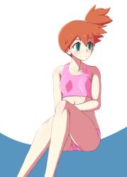 1girl alternate_costume bikini breasts closed_mouth collarbone commentary_request expressionless eyelashes feet_out_of_frame green_eyes haloh highres knees looking_to_the_side misty_(pokemon) nintendo one_side_up orange_hair pink_bikini pokemon pokemon_frlg sitting solo swimsuit