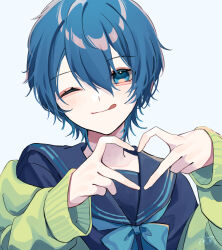 1girl ;q aegyo_sal blue_background blue_bow blue_eyes blue_hair blue_sailor_collar blue_serafuku bow commentary_request four-finger_heart_hands green_jacket hair_between_eyes heart heart_hands highres jacket one_eye_closed open_clothes open_jacket original sailor_collar school_uniform serafuku short_hair signature solo tongue tongue_out wolf_cut yoruse