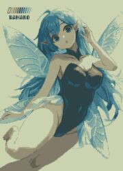1girl :o ahoge bare_shoulders black_leotard blue_eyes blue_hair breasts cleavage collarbone color_guide covered_navel detached_collar fairy fairy_wings hashtag-only_commentary highleg highleg_leotard leotard limited_palette long_hair looking_at_viewer medium_breasts original pixel_art pointy_ears simple_background solo specialhanako thighs wings