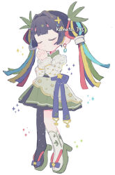 1girl closed_eyes closed_mouth dress earrings full_body green_dress hair_ornament highres jewelry kanamochi_kanato leaf_hair_ornament long_hair long_sleeves multicolored_hair original own_hands_together personification solo tanabata twintails