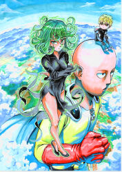 1girl 2boys absurdres bald black_dress black_sclera blonde_hair breasts chibi clenched_hand cloud colored_sclera commentary crossed_arms cyborg dress english_commentary floating floating_clothes frown genos giant giant_male gloves green_eyes green_hair groin highres jigme_tenzin_wangchuk levitation marker_(medium) multiple_boys one-punch_man red_gloves saitama_(one-punch_man) sitting sitting_on_head sitting_on_person small_breasts tatsumaki telekinesis traditional_media yellow_eyes