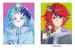 2boys 2girls absurdres ahoge aotsuki_eito black_gloves black_jacket black_shoes blue_eyes character_name chibi chibi_on_head drawstring drop_shadow dual_persona genderswap genderswap_(mtf) glasses gloves grey_hair grey_jacket grey_leg_warmers grey_skirt hashtag-only_commentary head_rest head_tilt highres holding_chibi hood hoodie jacket leg_warmers light_frown looking_at_another looking_at_viewer male_focus multicolored_hair multicolored_jacket multiple_boys multiple_girls on_head one_eye_closed open_clothes open_jacket pants pink_background reaching reaching_towards_another red_hair roiko7010 shoes short_hair skirt streaked_hair sumino_takumi the_hundred_line_-last_defense_academy- two-tone_jacket upper_body white_hoodie white_jacket white_pants white_shoes yellow_background