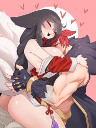 1boy 1girl absurdres ahri_(league_of_legends) animal_ears assertive_female bare_shoulders black_hair blush bottomless breast_smother breasts cleavage face_to_breasts facial_mark fox_ears fox_tail heart highres hug huge_breasts large_breasts league_of_legends long_hair red_hair sett_(league_of_legends) simple_background smile smother tail white_background yabby