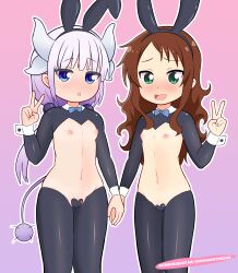 2025 2girls absurdres animal_ears blush brown_hair dionisokitsune dragon_girl dragon_horns fake_animal_ears female_focus gradient_background green_eyes hair_ornament heart_pasties highres holding_hands horns kanna_kamui kobayashi-san_chi_no_maidragon legs leotard loli long_hair multiple_girls navel nipples pasties playboy_bunny rabbit_ears reverse_bunnysuit reverse_outfit saikawa_riko smile standing stomach tagme tail thighhighs thighs twintails v