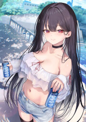 1girl absurdres bare_shoulders black_choker black_hair black_thighhighs blush brand_name_imitation breasts can chiu538 choker cleavage closed_mouth crop_top day denim denim_shorts drink drink_can hair_between_eyes hair_ornament hairclip highres holding holding_can holding_drink large_breasts long_hair looking_at_viewer navel original outdoors pocari_sweat red_eyes shorts smile soda_can solo standing thighhighs