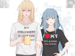 Rule 34 | 2girls, amakuma, bang dream!, bang dream! it&#039;s mygo!!!!!, black shirt, blonde hair, blue hair, blush, coffee mug, commentary, cup, fang, hair ribbon, hand on own hip, highres, holding, holding cup, locked arms, long hair, medium hair, misumi uika, mug, multiple girls, open mouth, purple eyes, ribbon, shirt, short sleeves, smile, sparkle, togawa sakiko, two side up, yellow eyes, yuri