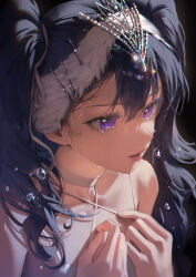1girl absurdres ballerina ballet bangsom bare_shoulders black_hair breasts choker collarbone criss-cross_halter hair_bun hair_ornament hairclip halterneck highres leotard long_hair maya_(bangsom) open_mouth original parted_lips purple_eyes simple_background solo tears tiara twintails upper_body water_drop