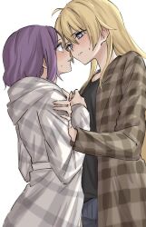 2girls black_shirt blonde_hair blue_eyes bow brown_shirt closed_mouth coat commentary ear_bow hand_on_another&#039;s_arm long_hair multiple_girls new_game! parted_lips plaid_clothes plaid_shirt purple_eyes shirt simple_background sweatdrop syonosuke9573 tooyama_rin white_background white_coat yagami_kou yuri