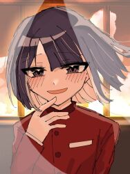 Rule 34 | 1boy, blush, hair between eyes, hand up, long sleeves, looking at viewer, male focus, matching hair/eyes, open mouth, purple eyes, purple hair, simple background, solo, solo focus, sunlight, the hundred line -last defense academy-, tsukumo ima, upper body, window