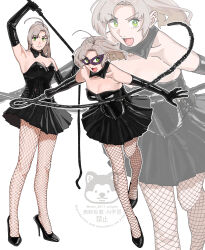 1girl antenna_hair black_dress black_gloves black_shoes bondage_outfit breasts detached_sleeves dominatrix dress elbow_gloves fishnet_pantyhose fishnets full_body gloves green_eyes grey_hair high_heels highres holding holding_whip kantai_collection kinugasa_(kancolle) kinugasa_kai_ni_(kancolle) latex latex_gloves mask medium_breasts multiple_views ojipon pantyhose running shoes smile strapless strapless_dress watermark