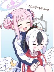 2girls blue_archive closed_eyes demon_horns gesupi_(provlemsolver57) gym_uniform halo happy headpat highres horns hug hug_from_behind jacket kayoko_(blue_archive) low_wings mika_(blue_archive) mika_(track)_(blue_archive) multiple_girls official_alternate_costume pink_halo track_jacket translation_request white_wings wing_ornament wings