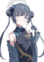 1girl absurdres arm_at_side bare_shoulders black_dress black_gloves black_hair blue_archive blush braid braided_bun breasts butterfly_hair_ornament buttons china_dress chinese_clothes chinese_commentary closed_mouth commentary_request covered_navel double_bun dragon_print dress fanshuimucishen gloves grey_eyes grey_halo grey_jacket hair_bun hair_ornament halo hand_up highres jacket kisaki_(blue_archive) long_hair long_sleeves looking_at_viewer off_shoulder open_clothes open_jacket pinstripe_jacket pinstripe_pattern print_dress sidelocks simple_background sleeveless sleeveless_dress small_breasts solo striped_clothes striped_jacket twintails unbuttoned unbuttoned_jacket upper_body vertical-striped_clothes vertical-striped_jacket white_background