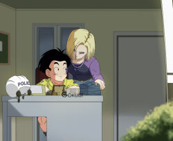 1boy 1girl android_18 bento black_eyes black_hair blonde_hair blue_eyes couple dragon_ball dragon_ball_super happy hat husband_and_wife kuririn police police_hat police_uniform policeman smile