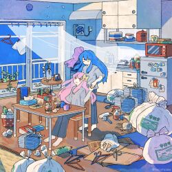 2girls alternate_costume apartment barefoot behind_another blue_hair butterfly_hair_ornament cardboard closed_eyes commentary_request curtains day denim floating_curtains grey_shirt hair_ornament hair_ribbon highres holding_hands indoors jeans kotonoha_akane kotonoha_aoi kurashi_gas_meter_(voiceroid) long_hair looking_at_another looking_up messy_room multiple_girls necompass newspaper_stack on_chair pants pink_hair pink_ribbon red_eyes refrigerator ribbon see-through_body see-through_curtains shirt short_sleeves sitting standing t-shirt table trash trash_bag voiceroid wide_shot